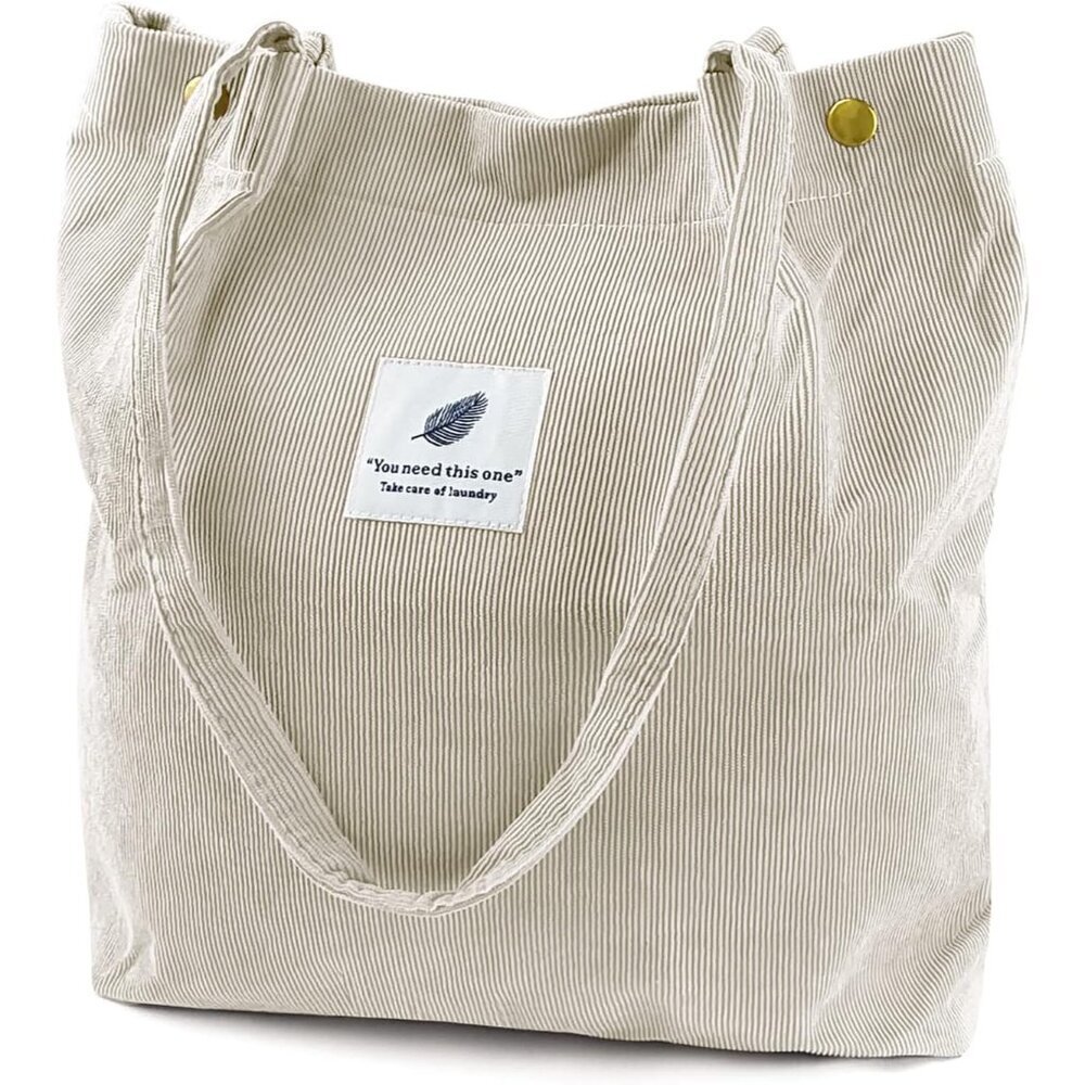 Fashionable Beige Corduroy Tote Bag - Lightweight Canvas Purse with Inner Pocket